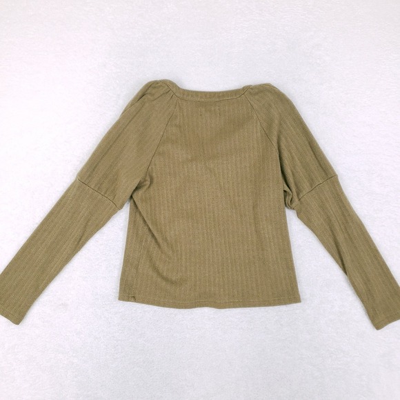 Anthropologie Cardigan L Ribbed V-Neck Puff Shoulder Olive Green Bohemian Cozy - Picture 6 of 8